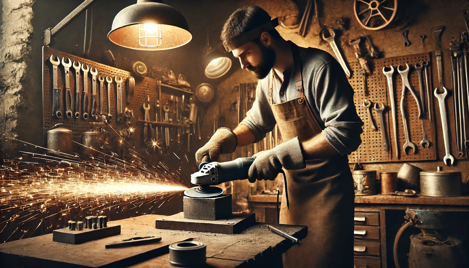 Artesano trabajando con una amoladora en un taller de metales artesanal.